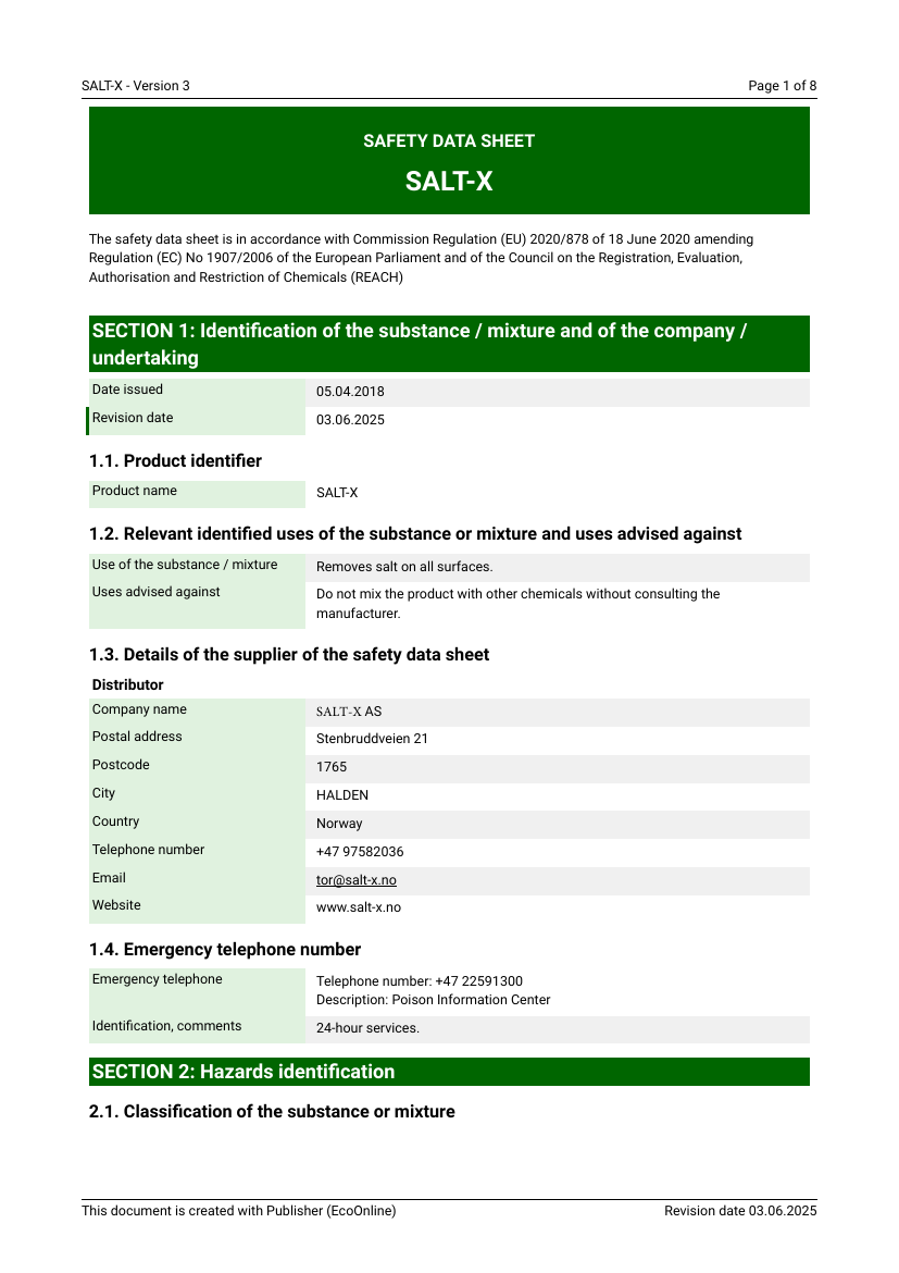 Forsiden av Salt-X safety data sheet på engelsk