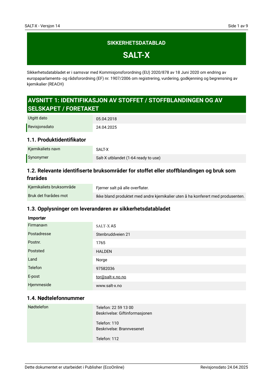 Forsiden av Salt-X sikkerhetsdatablad